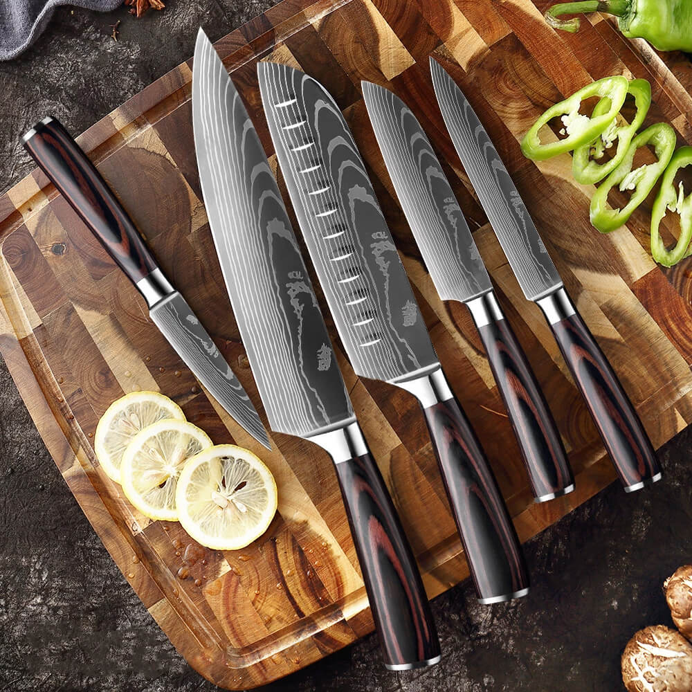 8-teiliges Kochmesser Set – Chefmesser mit Damast-Design