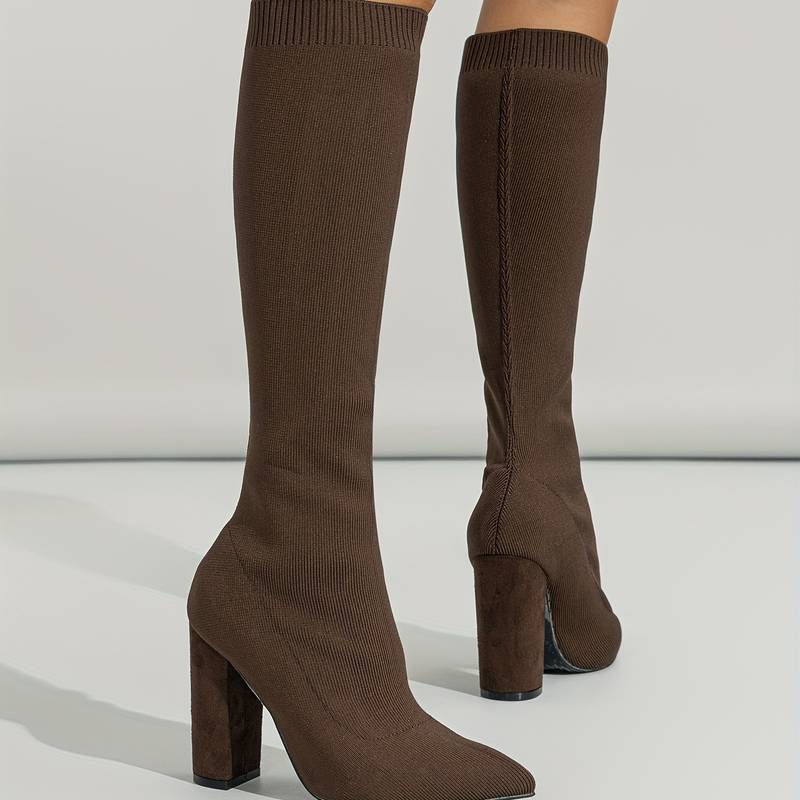Damen Kniehohe Sockenstiefel - Stretch-Strick & Blockabsatz