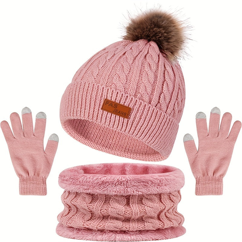 Damen 3-teiliges Winter-Accessoire-Set - Zopfstrick-Mütze, Schal & Handschuhe