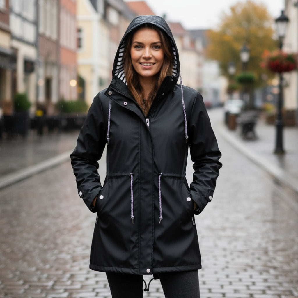 Damen Lange Wasserdichte Jacke - Kapuze mit Kordelzug