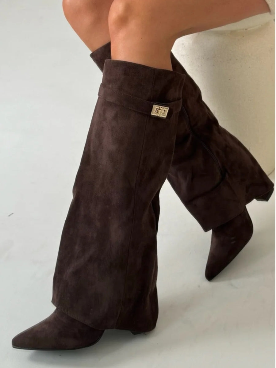Damen Kniehohe Stiefel mit Schlupfpassform - Zum Hineinschlüpfen & Spitze Zehenkappe