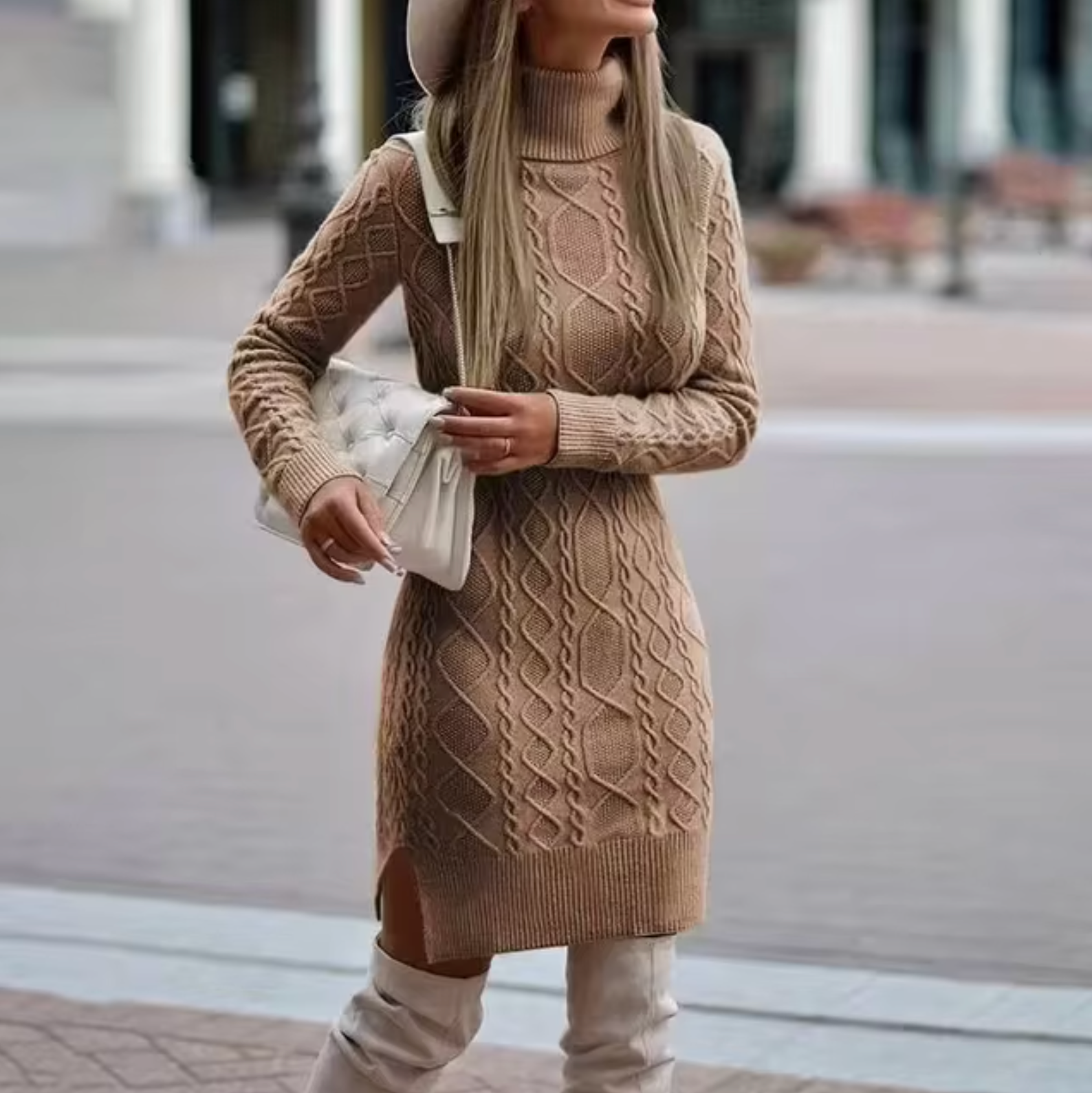 Damen Zopfstrick Pulloverkleid - Langärmelig & Rollkragen