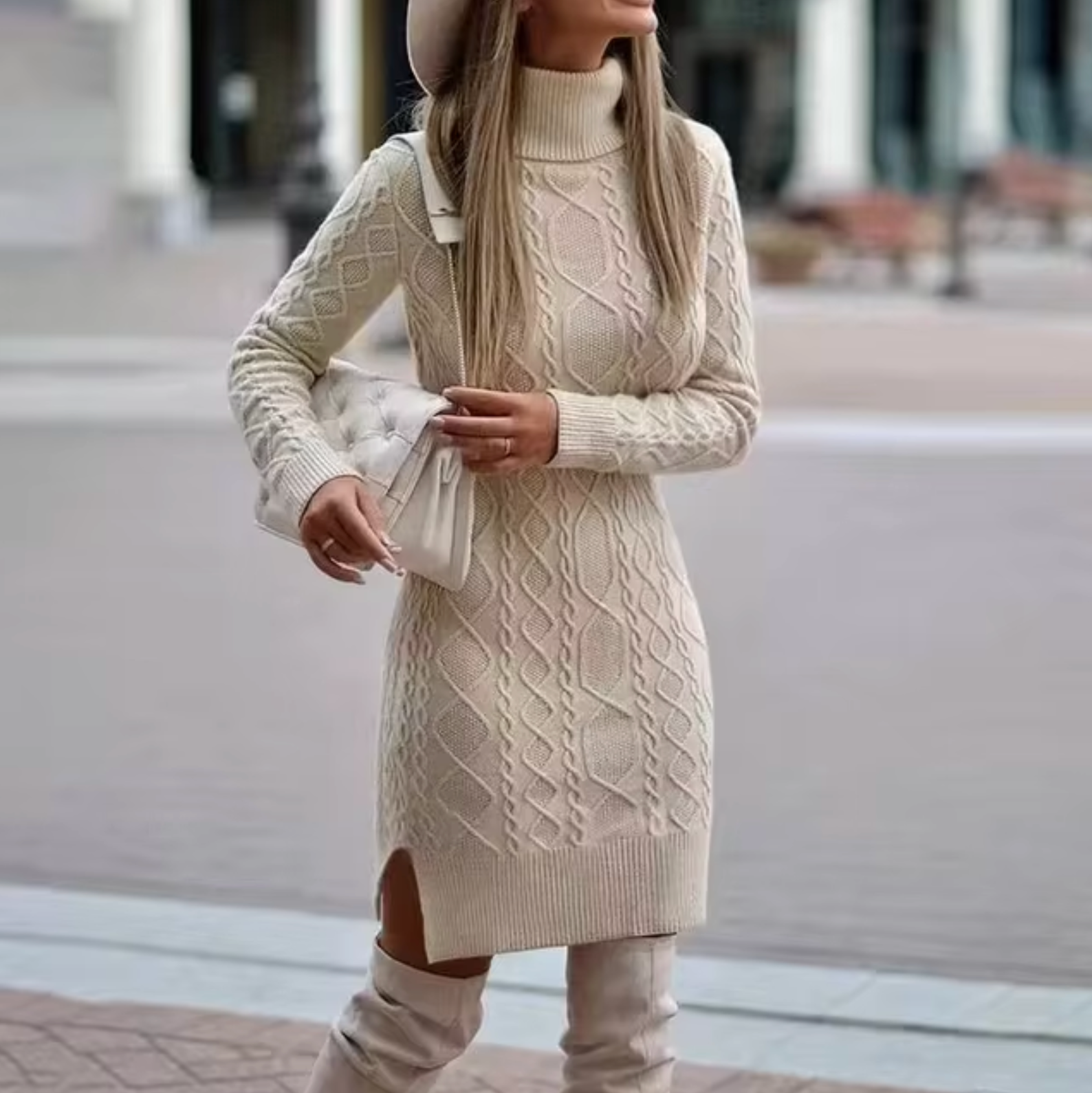 Damen Zopfstrick Pulloverkleid - Langärmelig & Rollkragen