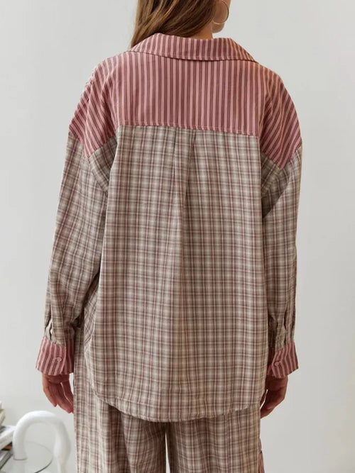 Damen Gestreiftes Pyjama-Set mit Karomuster - Hemd & Hose