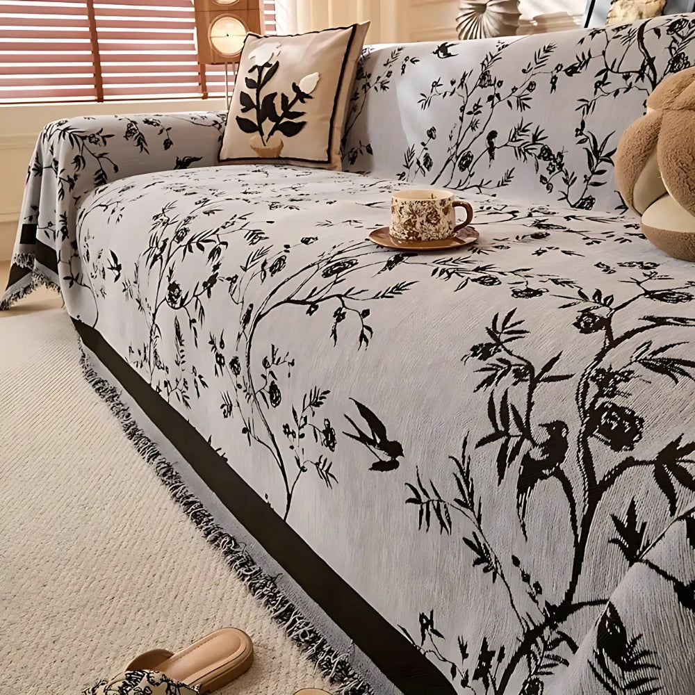 Blumen-Sofabezug – Rutschfest mit Fransen