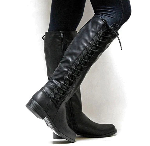 Damen Kniehohe Stiefel - Mit Seitlicher Schnürung und Reißverschluss