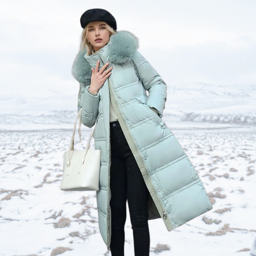 Damen Maxi Steppmantel - Gürtel mit Flauschigem Kragen