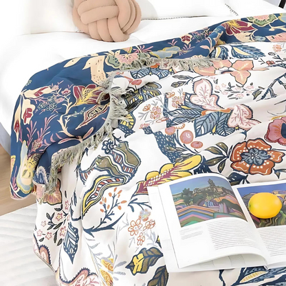 Wendbare Überwurfdecke – Blumenmuster mit Fransen