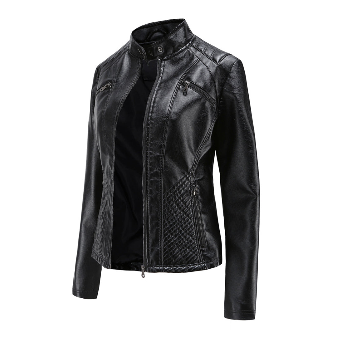 Damen Bikerjacke mit Hohem Kragen - Reißverschluss mit Gesteppten Details