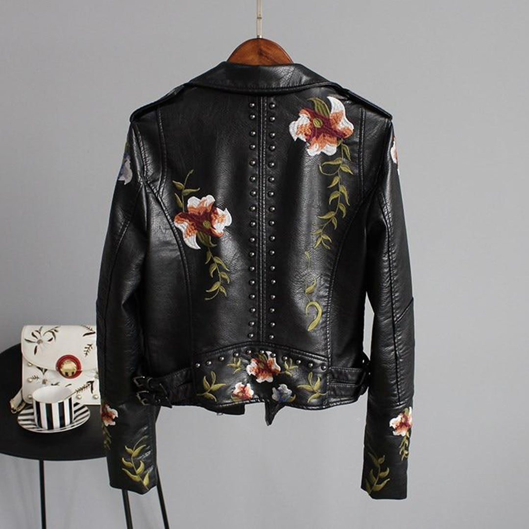 Damen Schwarze Jacke im Blumigen Moto-Stil - Bestickte Oberbekleidung