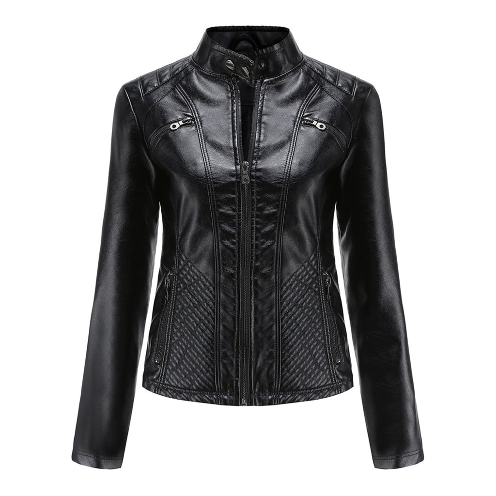 Damen Bikerjacke mit Hohem Kragen - Reißverschluss mit Gesteppten Details
