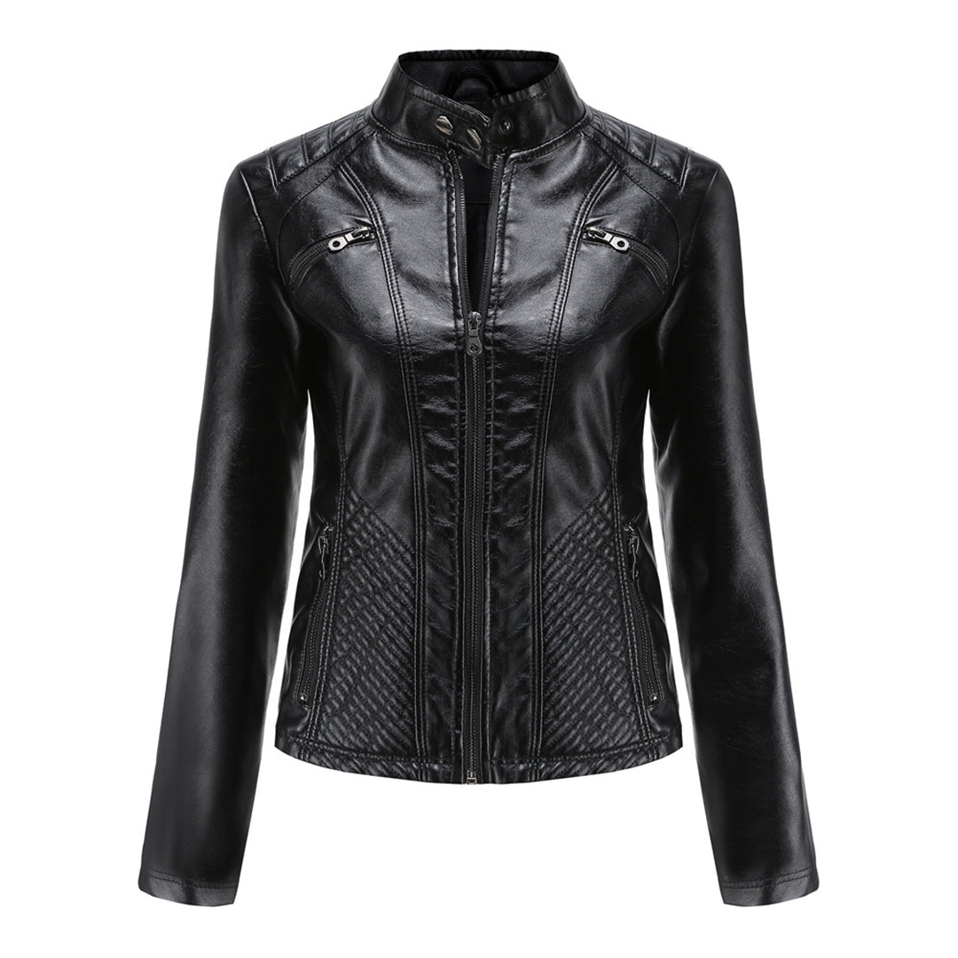 Damen Bikerjacke mit Hohem Kragen - Reißverschluss mit Gesteppten Details