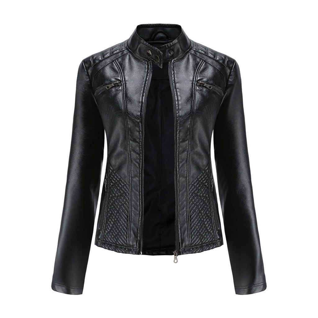 Damen Bikerjacke mit Hohem Kragen - Reißverschluss mit Gesteppten Details