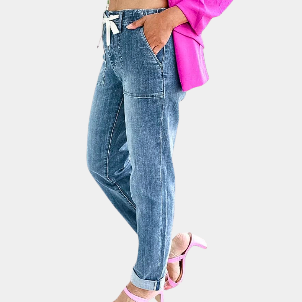 Damen Jeans mit hohem Bund - Kordelzug & aufgesetzte Taschen