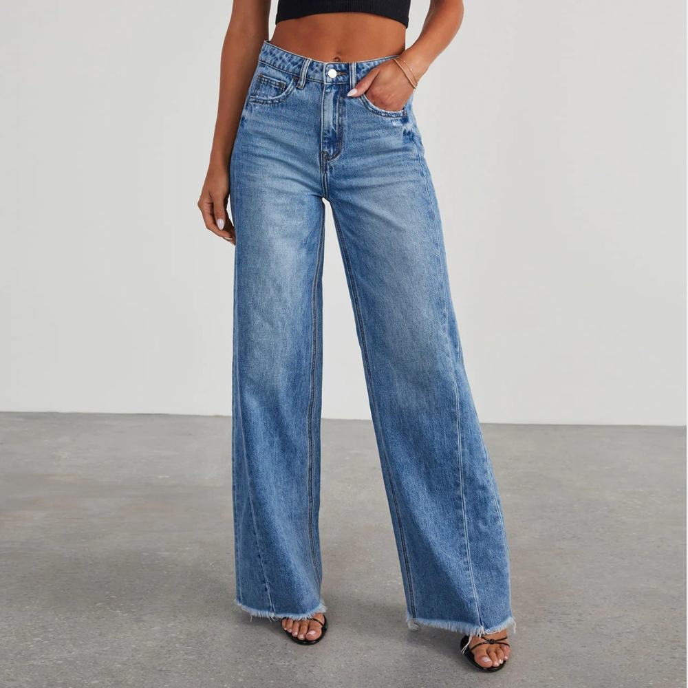 Damen Blaue Weite Jeans - Hohe Taille & Ausgefranster Saum