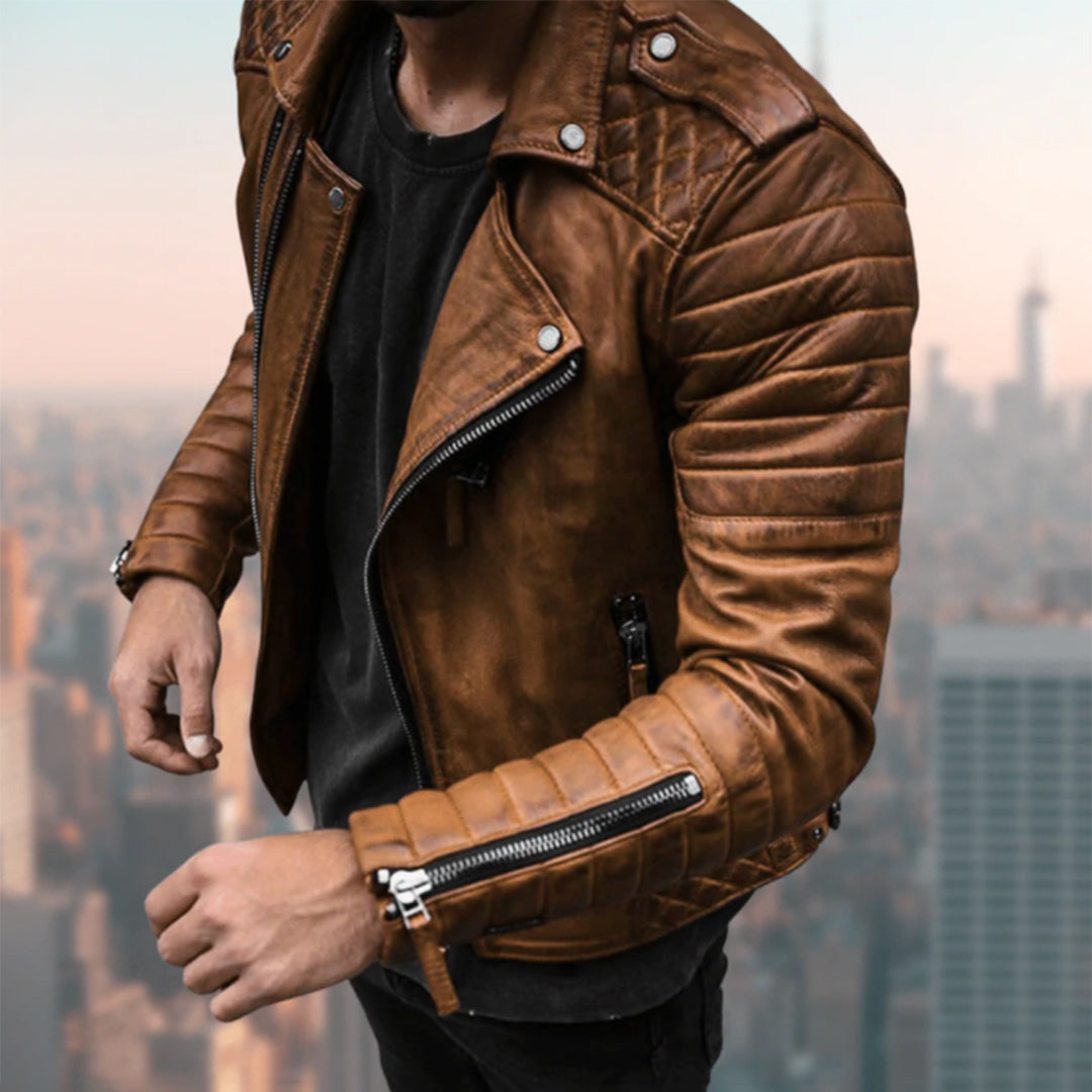 Herren Bikerjacke mit Gekerbtem Revers - Reißverschluss & Gesteppte Schultern