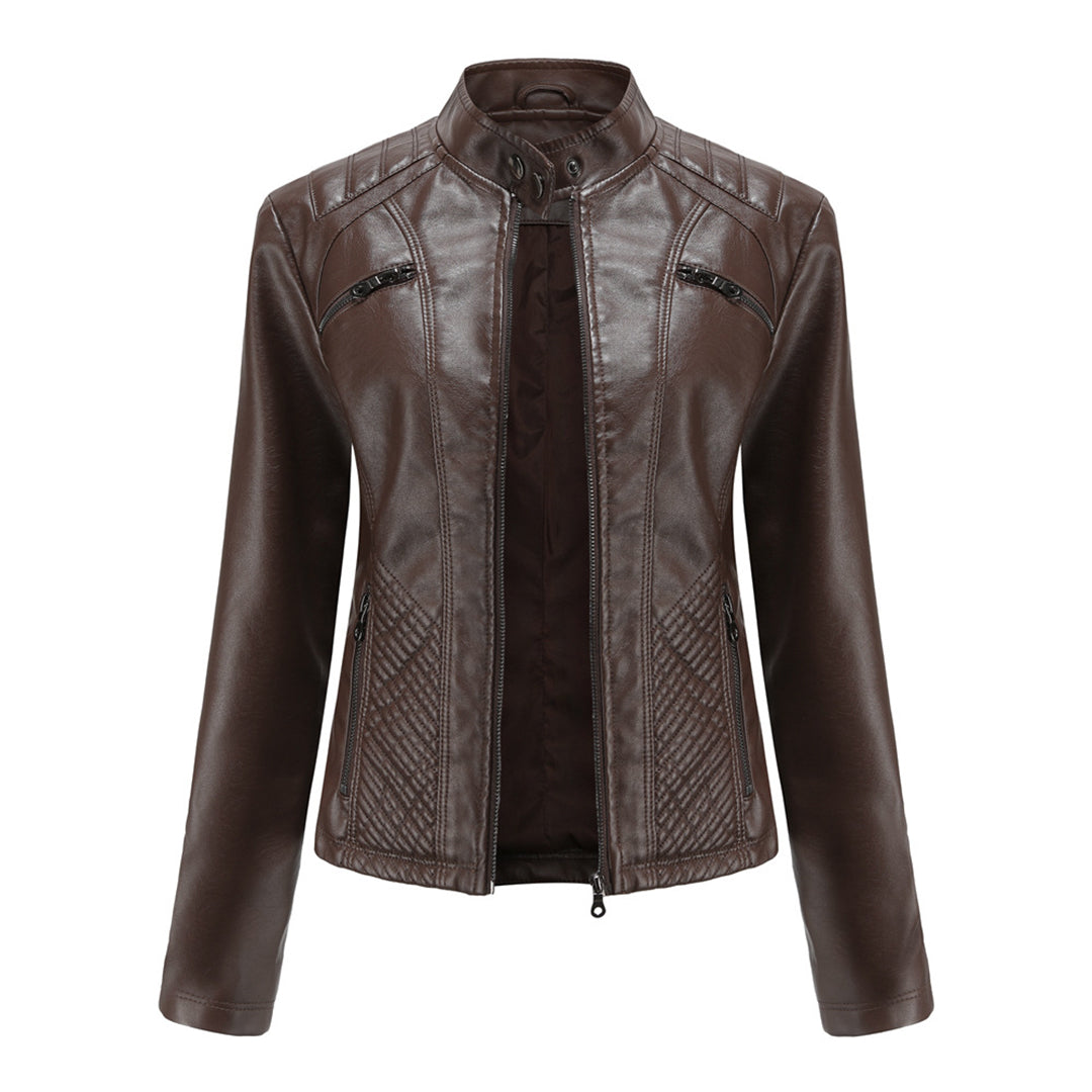 Damen Bikerjacke mit Hohem Kragen - Reißverschluss mit Gesteppten Details