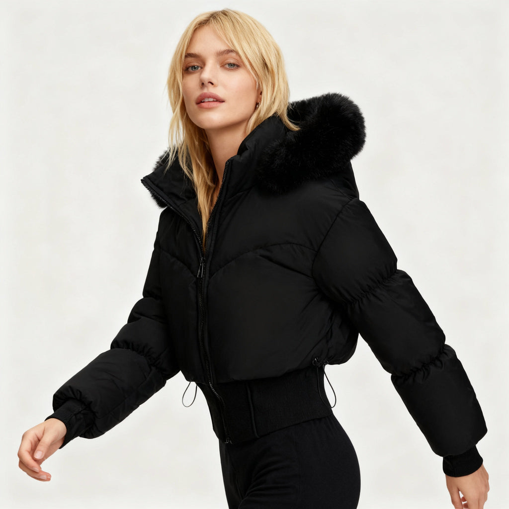 Damen Kurze Steppjacke – Puffer-Jacke mit Abnehmbarer Kapuze