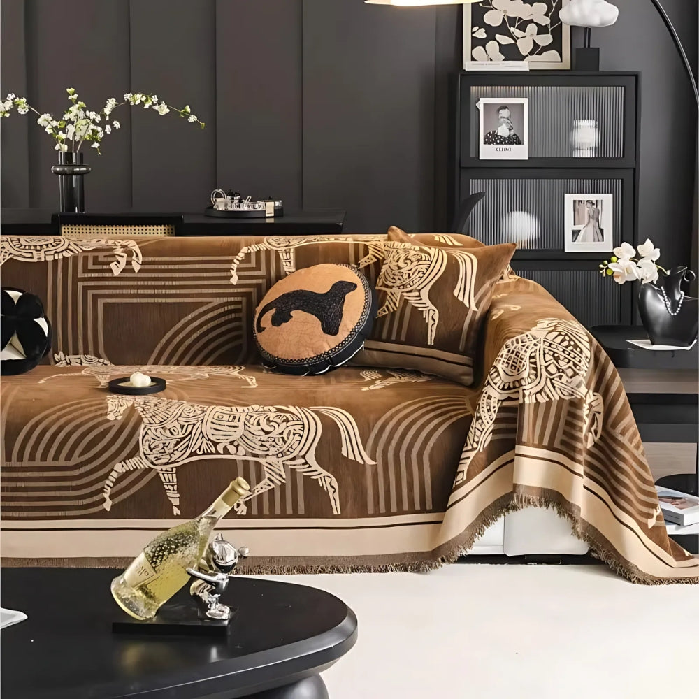 Pferde-Jacquard Decke – Boho-Sofa-Überwurf mit Fransen