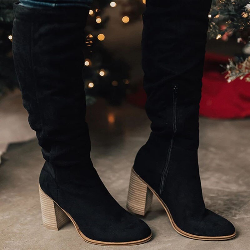 Damen Kniehohe Stiefel - Seitenreißverschluss & Hoher Absatz