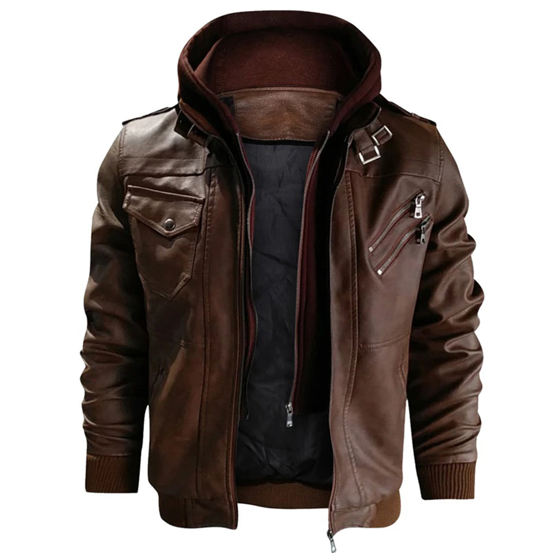 Herren Jacke im Moto-Stil mit Kapuze - Reißverschluss mit Hohem Kragen