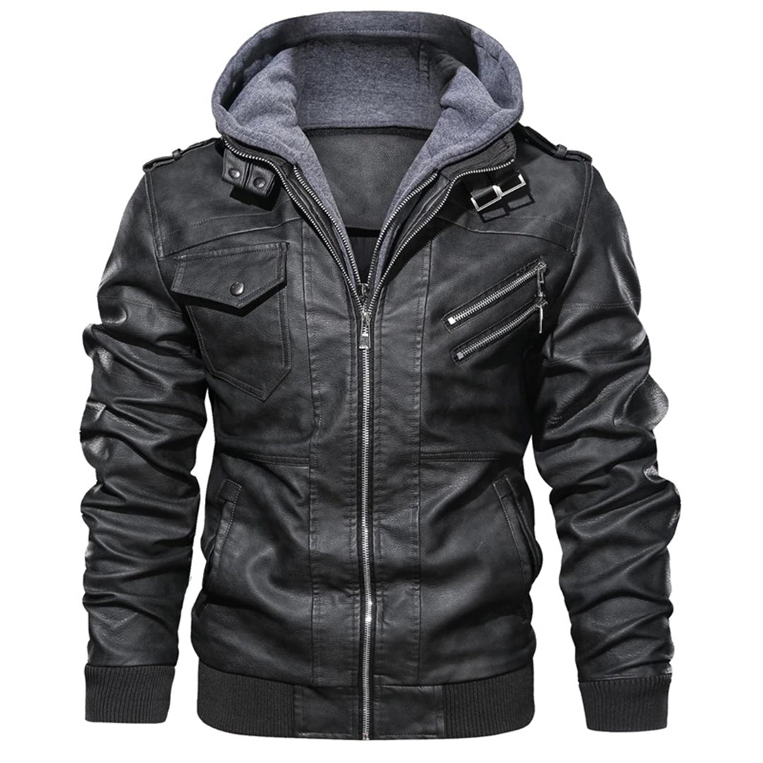 Herren Jacke im Moto-Stil mit Kapuze - Reißverschluss mit Hohem Kragen