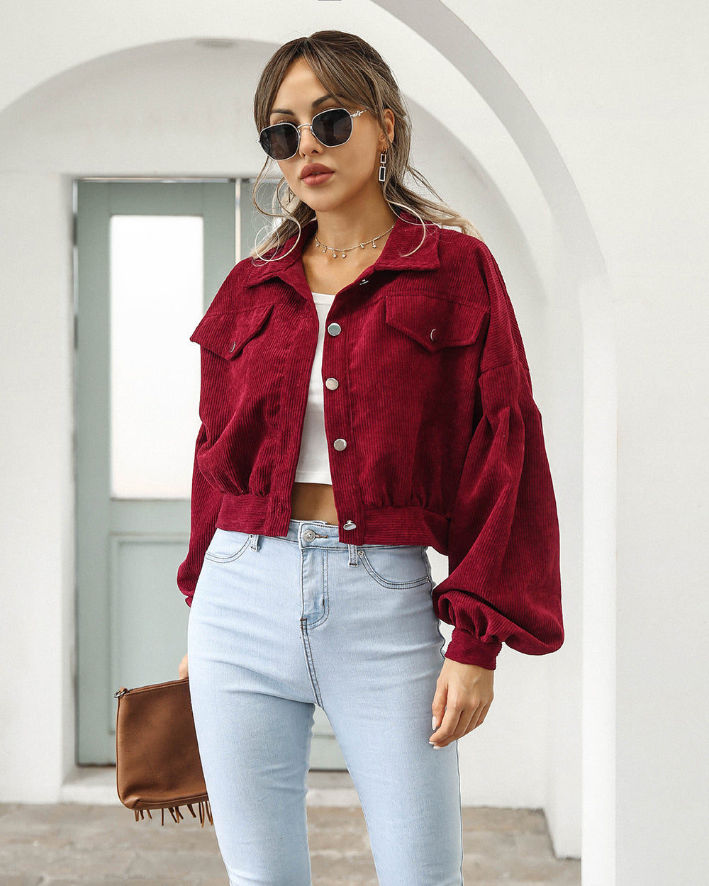 Damen Kurze Jeansjacke - Eleganter Cord-Stil