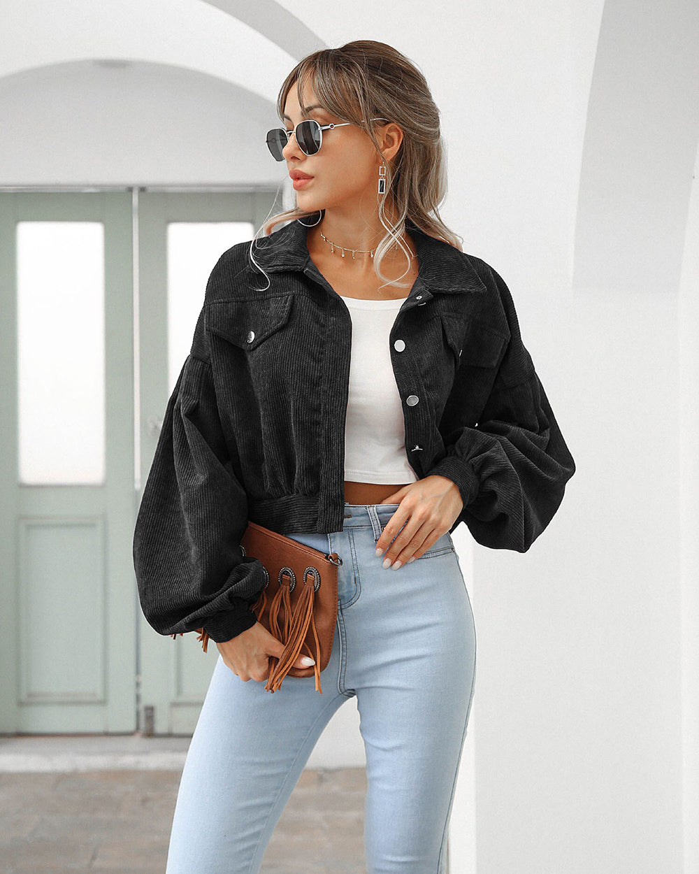 Damen Kurze Jeansjacke - Eleganter Cord-Stil