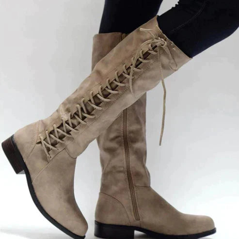 Damen Kniehohe Stiefel - Mit Seitlicher Schnürung und Reißverschluss