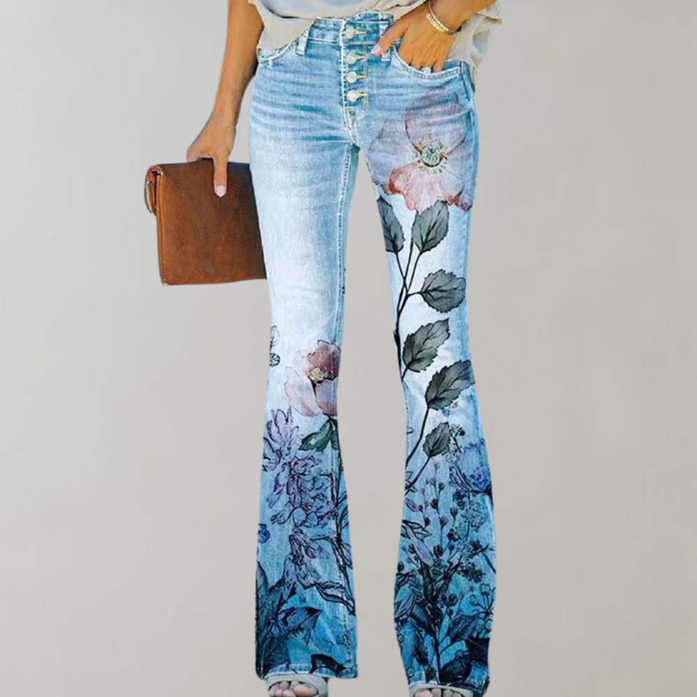 Damen Geblümte Schlagjeans - High-Waisted & Entspannte Passform