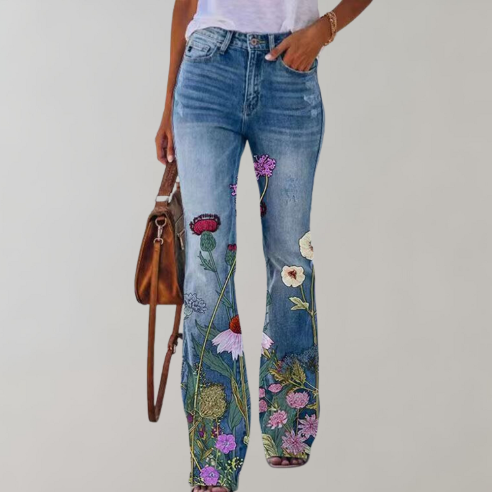 Damen Geblümte Schlagjeans - High-Waisted & Entspannte Passform