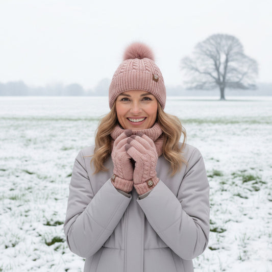 Damen 3-teiliges Set - Touchscreen-Handschuhe, Mütze & Schal