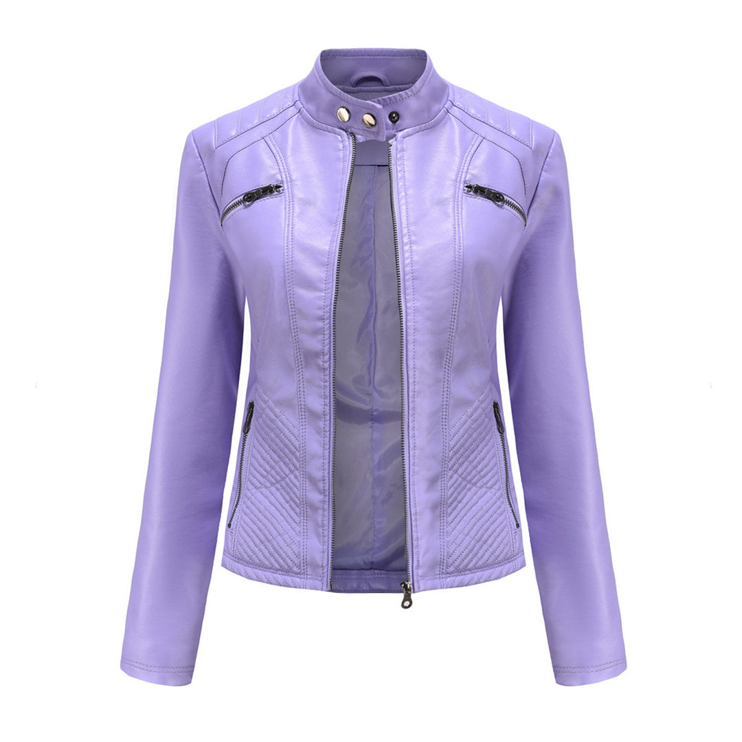 Damen Bikerjacke mit Hohem Kragen - Reißverschluss mit Gesteppten Details