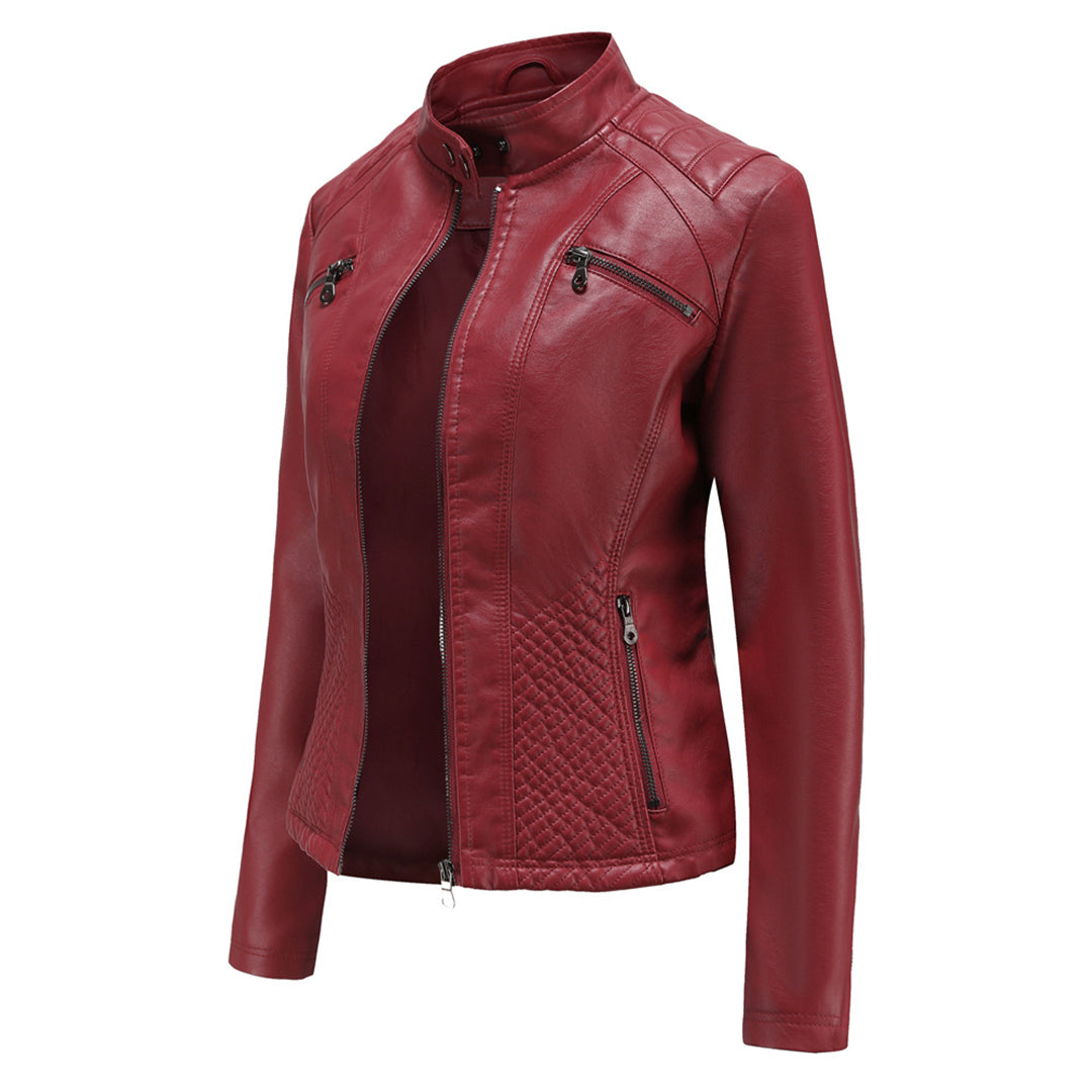 Damen Bikerjacke mit Hohem Kragen - Reißverschluss mit Gesteppten Details