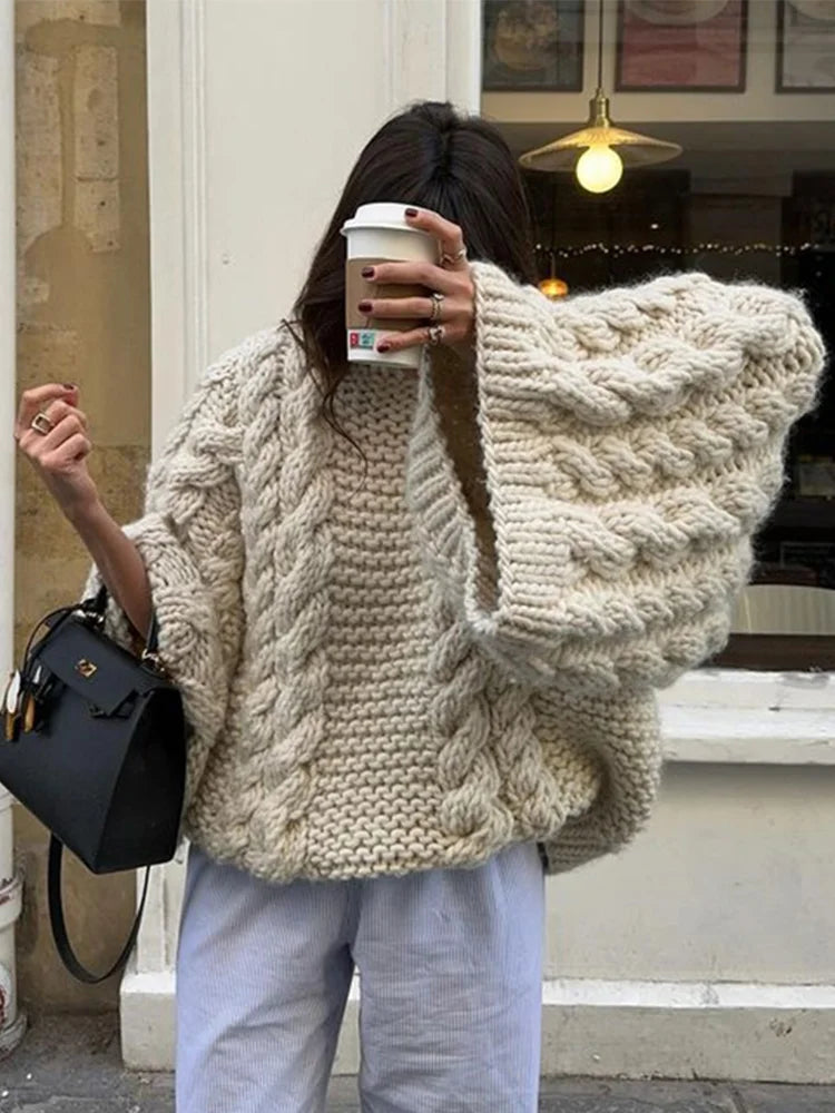 Damen Zopfstrickpullover - Oversized Fledermausärmel