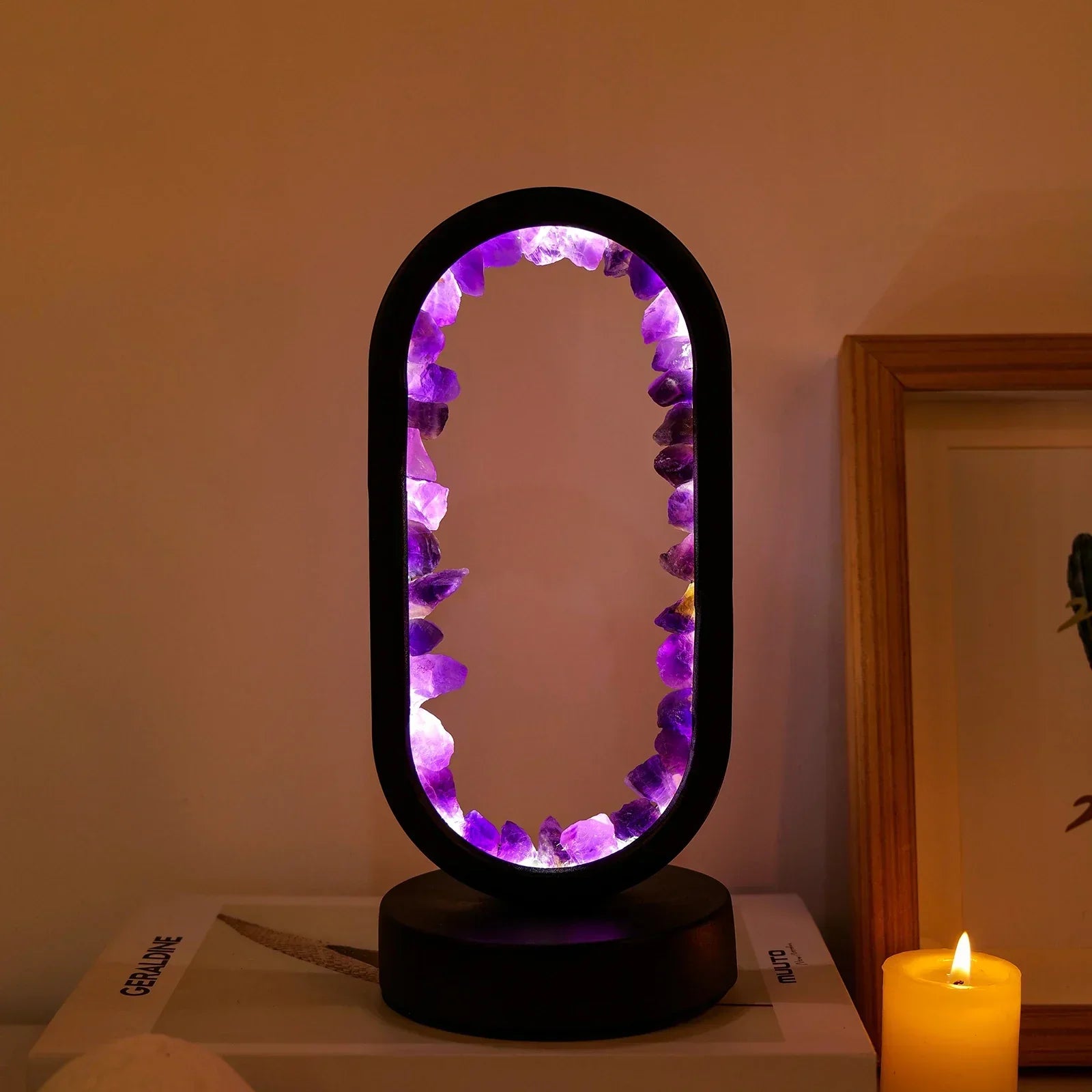 Oval LED Tischlampe mit Natürlichen Kristallen - Beruhigendes Ambiente Nachtlicht
