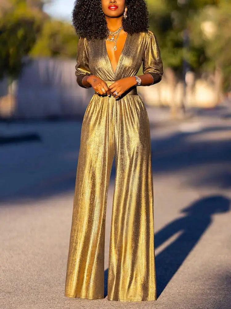 Damen Weites Bein Jumpsuit - Tiefer V-Ausschnitt und Langer Ärmel