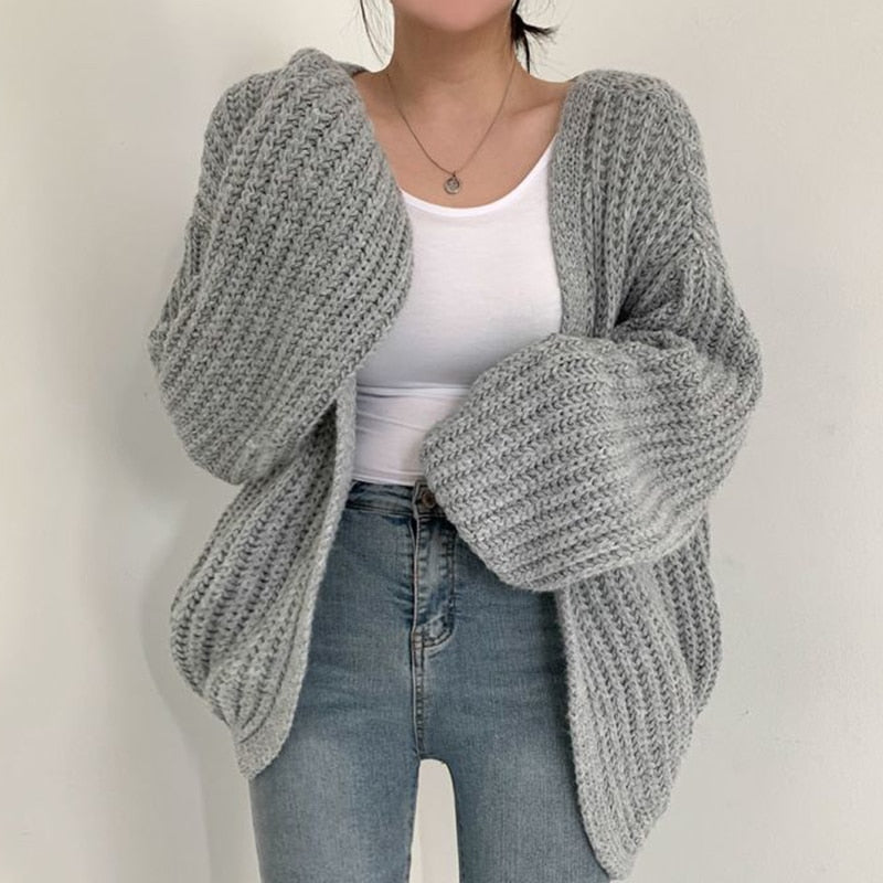 Damen Grobstrick-Cardigan - Ballonärmel & Offene Vorderseite