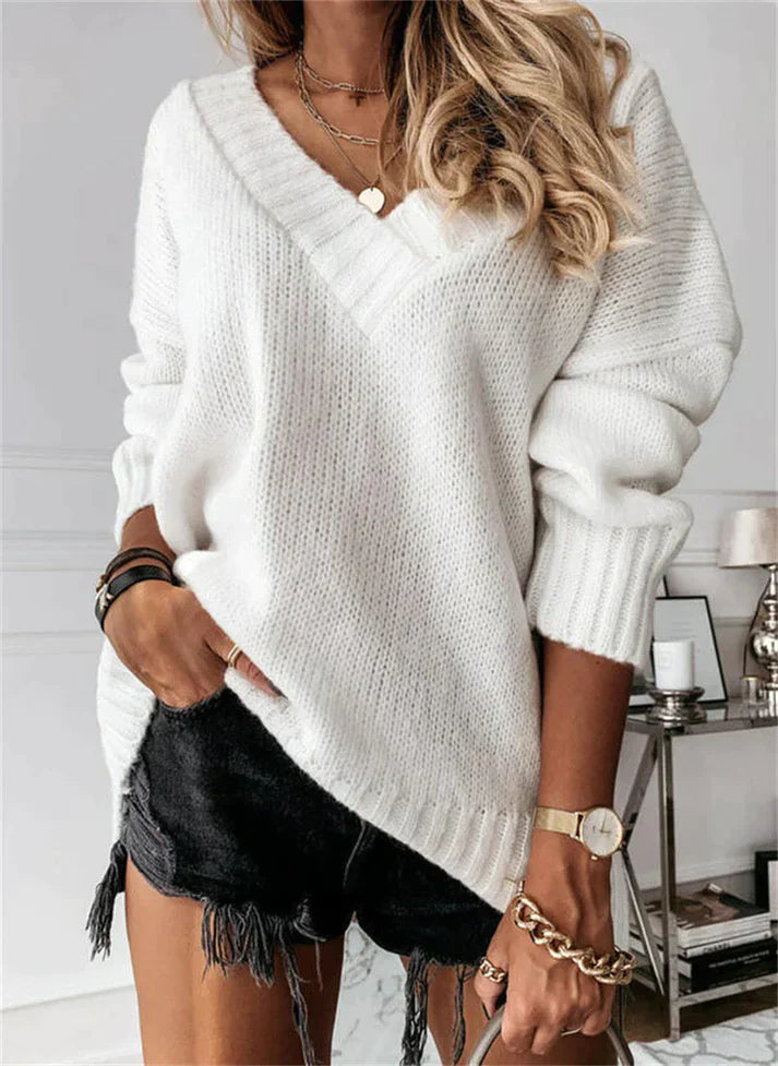 Damen V-Ausschnitt Strickpullover - Gemütlich & Bequem