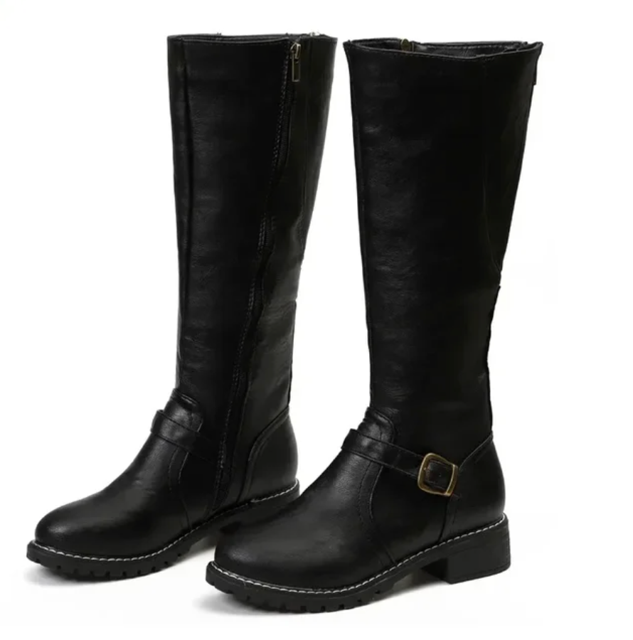 Damen Kniehohe Stiefel - Schnalle & Niedriger Blockabsatz