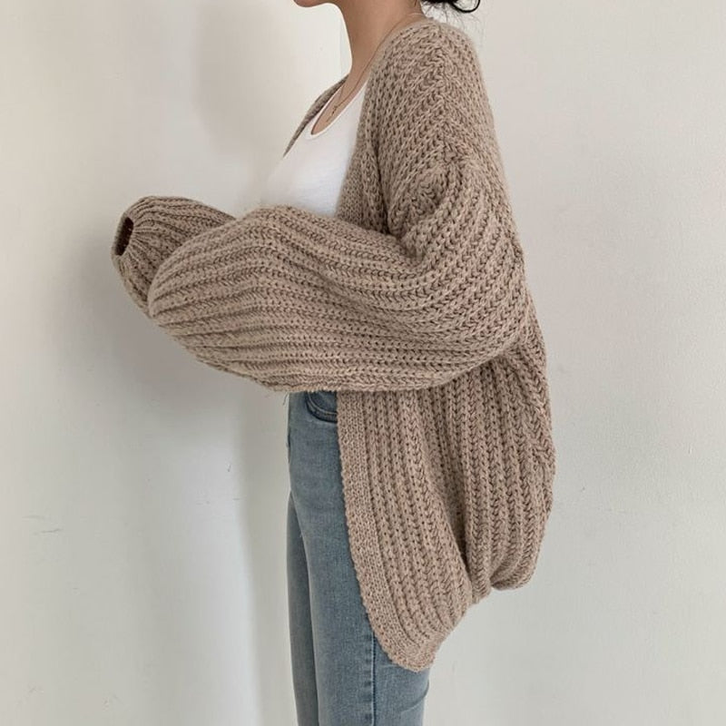 Damen Grobstrick-Cardigan - Ballonärmel & Offene Vorderseite