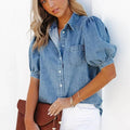 Damen Blaue Denim Bluse - Puffärmel Button-Down Oberteil