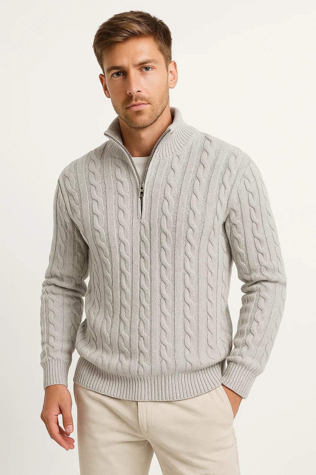 Herren Strickpullover - Stehkragen mit Viertelreißverschluss
