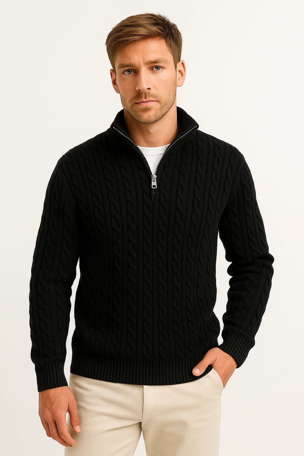 Herren Strickpullover - Stehkragen mit Viertelreißverschluss