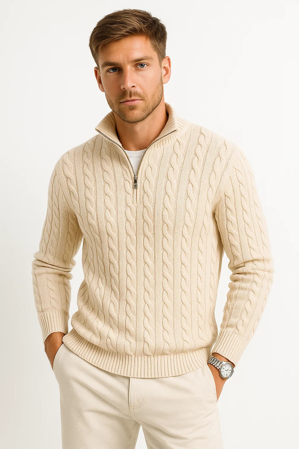 Herren Strickpullover - Stehkragen mit Viertelreißverschluss