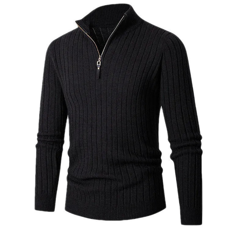 Herren Halb-Reißverschluss Strickpullover – Geripptes Oberteil mit Hochkragen