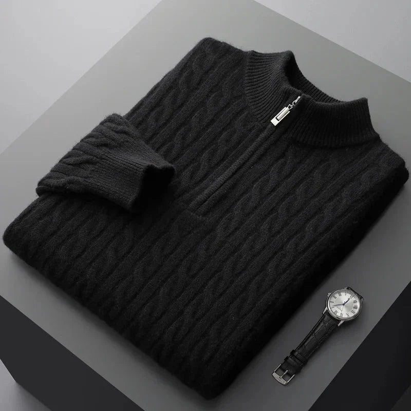 Herren Zopfstrick-Pullover – Viertel-Reißverschluss mit Stehkragen