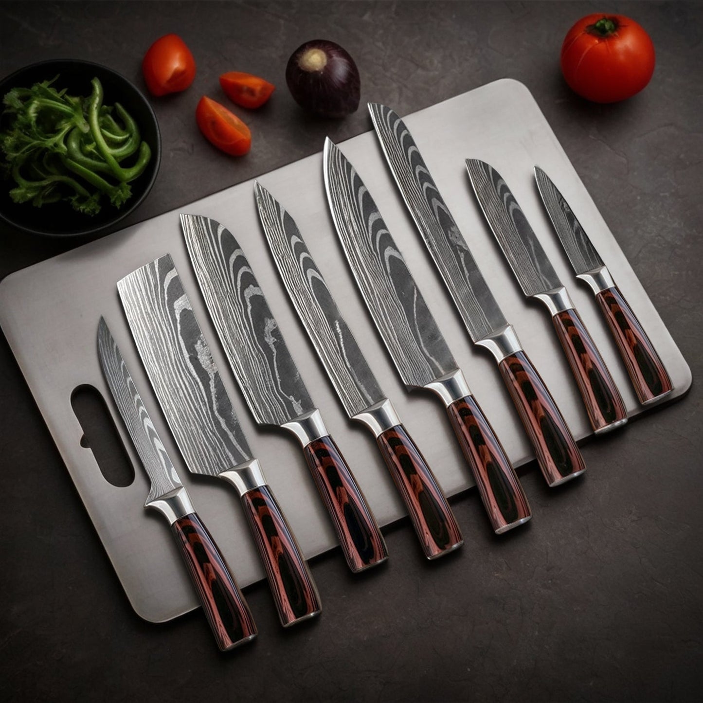 8-teiliges Kochmesser Set – Chefmesser mit Damast-Design