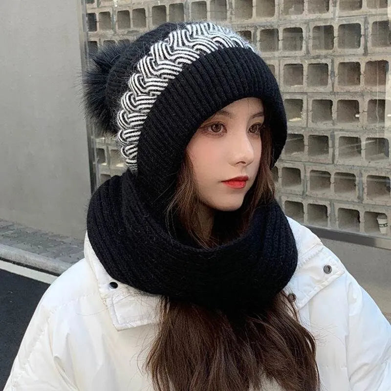 Damen Strickmütze mit befestigtem Schal - Winter-Pompon-Sturmhaube