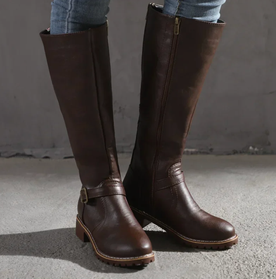 Damen Kniehohe Stiefel - Schnalle & Niedriger Blockabsatz